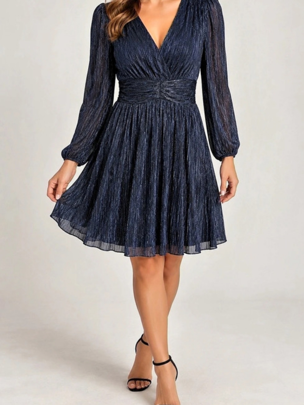 White House Black Market WHBM Navy Metallic Pleated V-Neck Long Sleeve Dress EUC